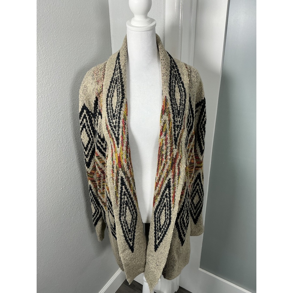 Woven Heart Aztec Southwestern Open Front Cardigan Sweater Boho Beige Multi XL